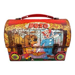 Vintage 1950s Bozo The Clown Metal Lunchbox Circus Theme Graphics & Red READ